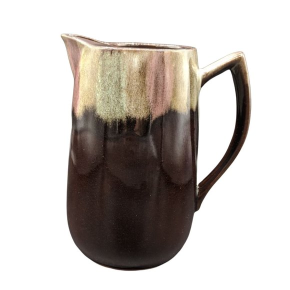 Brown Drip Redware Pitcher  w Ice Lip Color Splash Pink Green Glazed Terracotta - Picture 9 of 9
